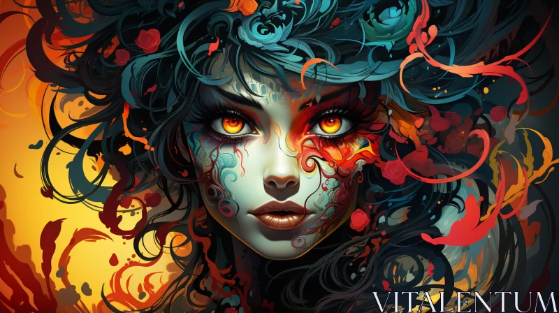 Gothic Art - Colorful Animated Girl with Bright Eyes and Floral Designs AI Image