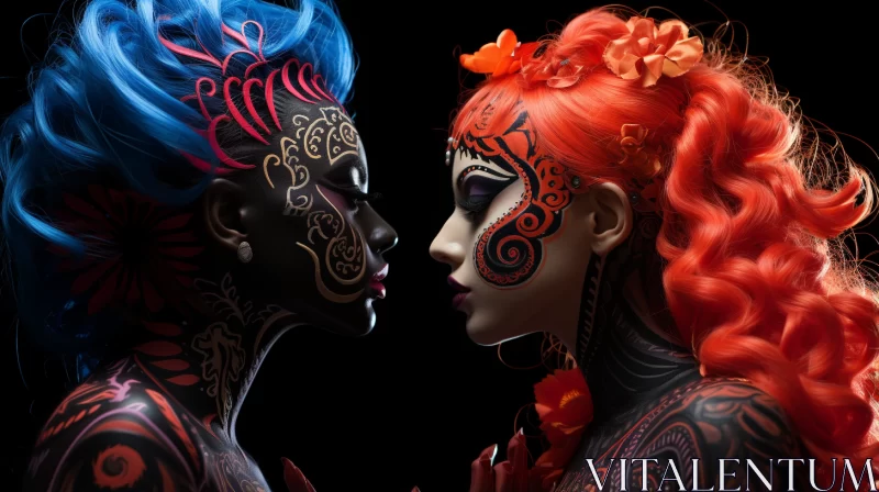 Intricate Mythical Figures: Light Crimson and Dark Indigo AI Image