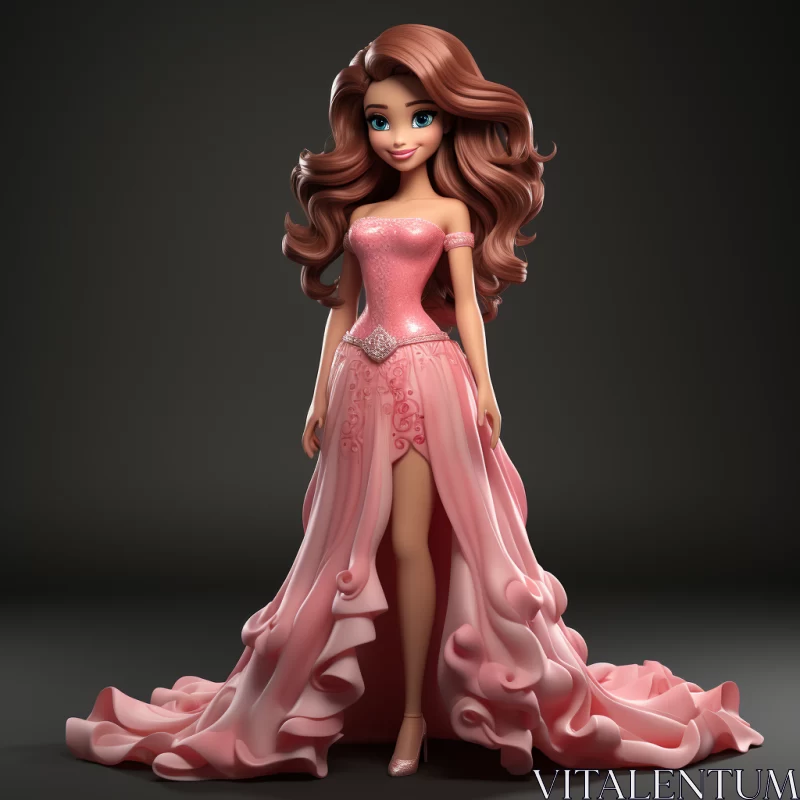 3D Rendered Doll in Pink Gown - Cartoony and Glossy AI Image
