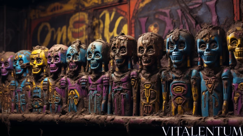 Intricate and Colorful Wooden Heads Art Display AI Image