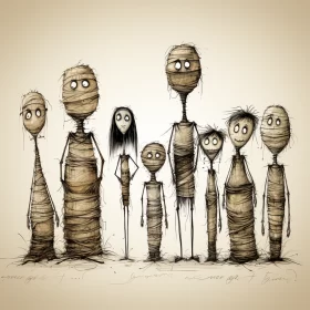 Whimsical Mummy Family - A Rustic and Expressive Artwork AI Image