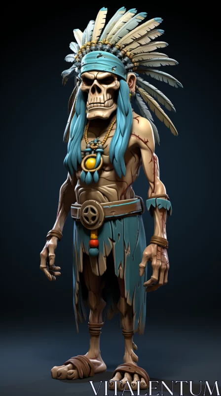 Native American Inspired Skull Art with Blue Feathers AI Image