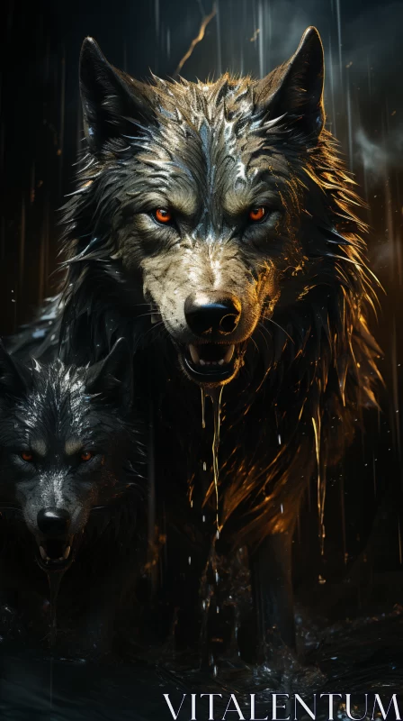 Rainy Night Wolves Illustration AI Image