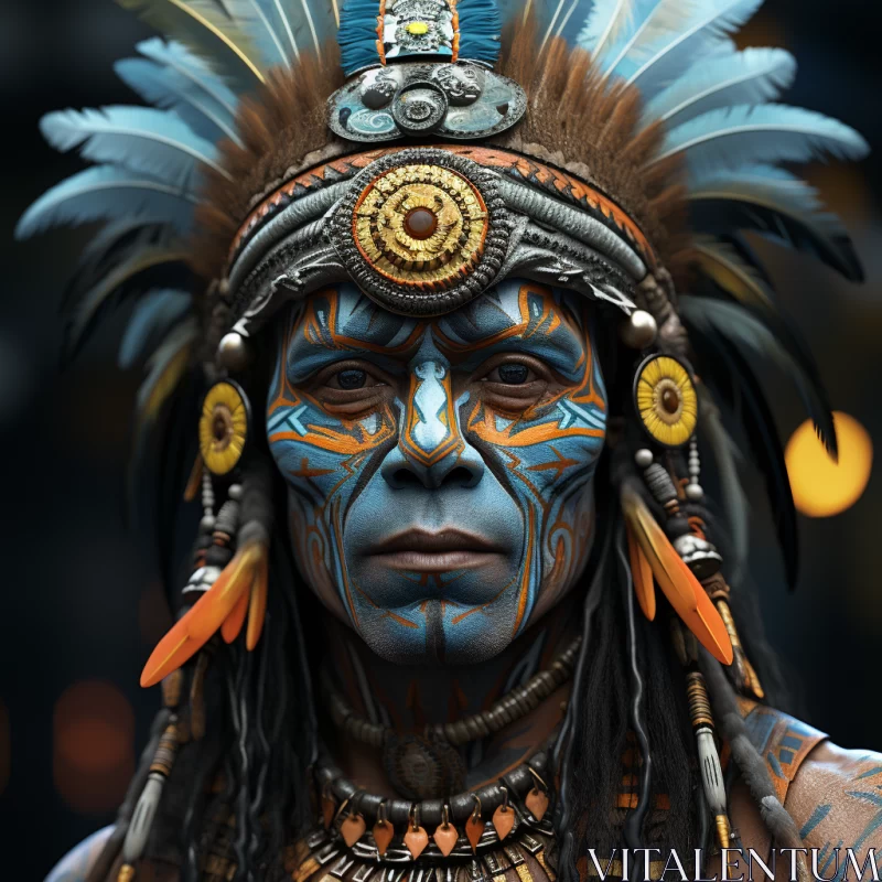 Traditional Indian Man with Blue Face Paint and Feathers AI Image