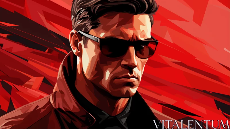 Stylized Man in Sunglasses Against Red Background AI Image