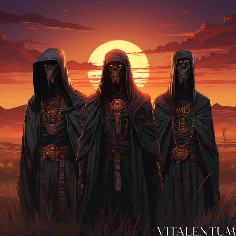 Mysterious Cloaked Figures in Sunset Field AI Image