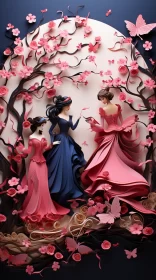 Surreal Papercraft Art: Three Women Amidst Cherry Blossoms