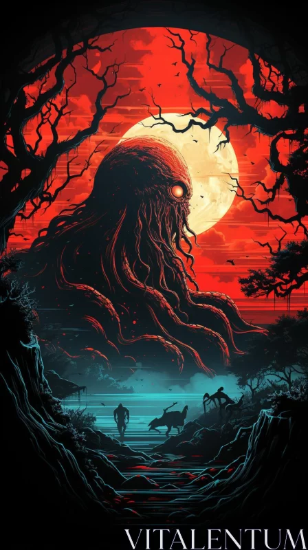 Monstrous Figure Approaching Ocean - Lovecraftian Artwork AI Image