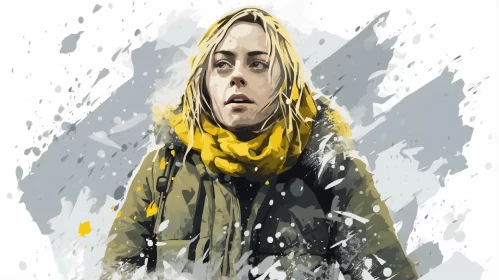 Snowbound Woman with Yellow Scarf: A Coloristic Digital Illustration AI Image