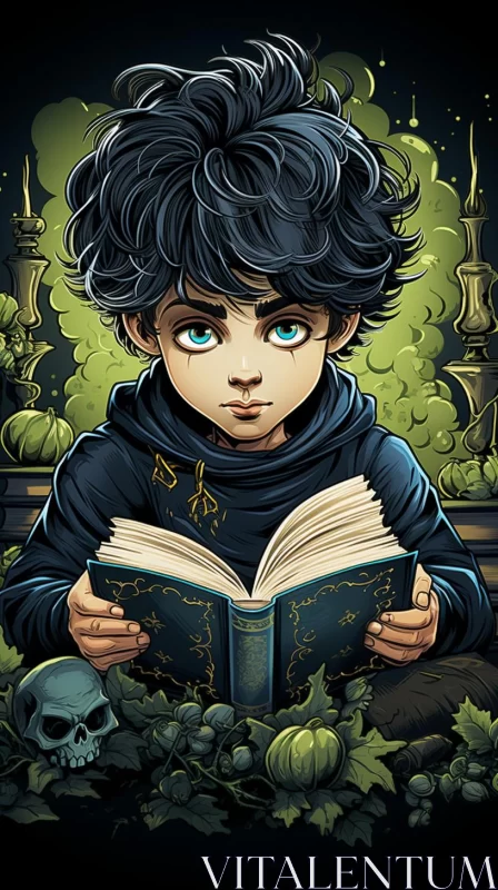 Boy Reading a Skull Book in Anime Style Art AI Image
