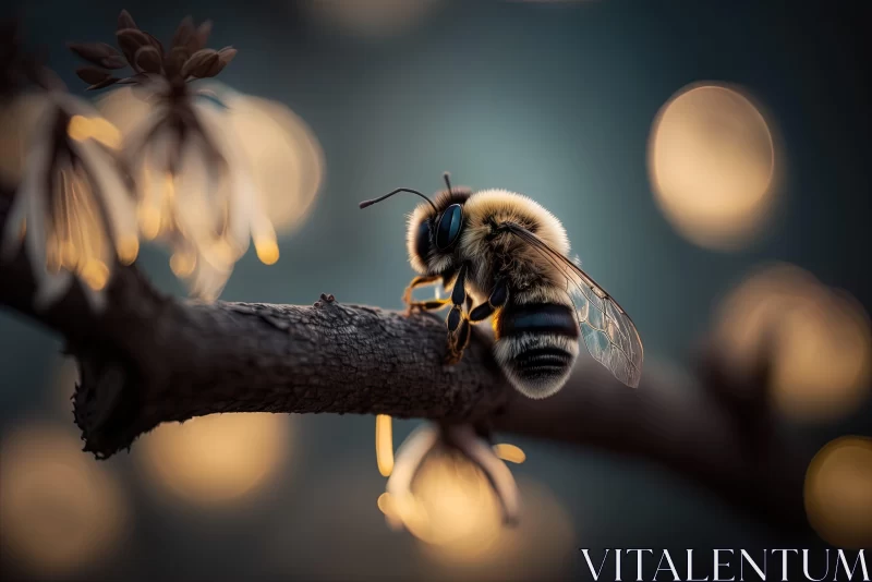 Golden Bee on Branch - A Study in Contrast and Light AI Image