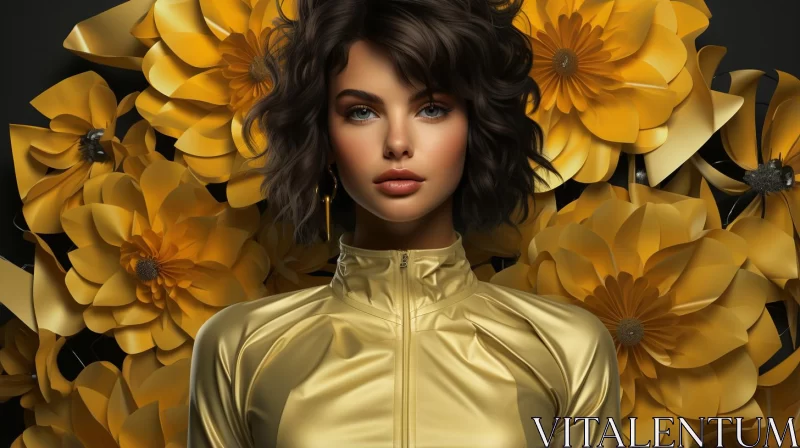 Golden Woman in Floral Backdrop: A Futuristic Fashion Statement AI Image