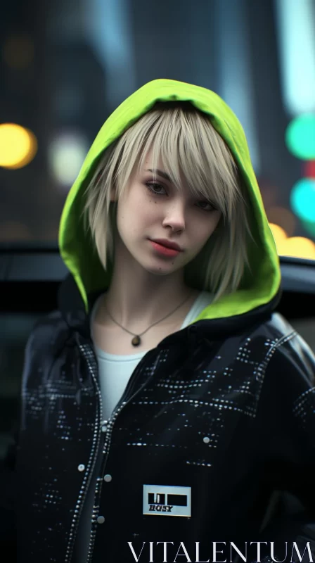 Neon Green Hoodie Woman by Car - Street Style Meets Animecore AI Image