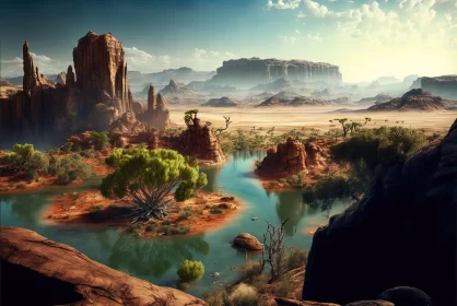 Realistic 3D Desert Landscape with Reflecting Lake AI Image