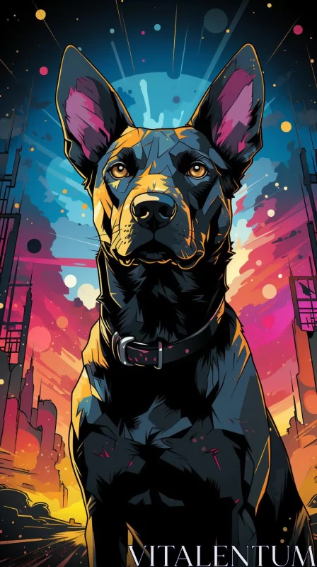 Black Dog in a Comic-Inspired Vibrant City - Amber and Sky Blue Tones AI Image