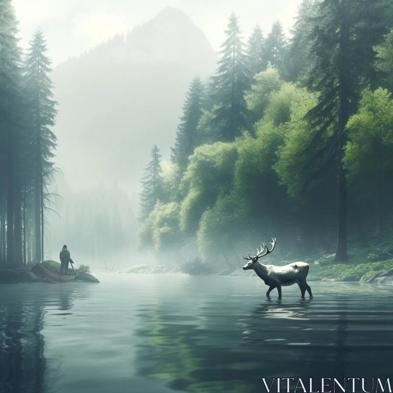 Deer in Ancient Forest: A Misty, Mountainous Landscape AI Image