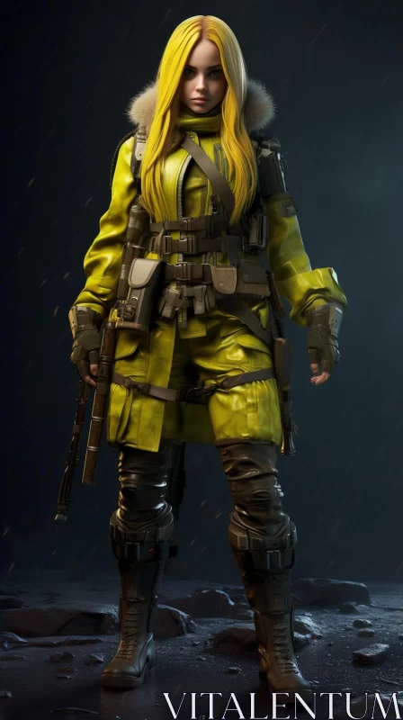 Female Army Fighter in Yellow Military Outfit AI Image