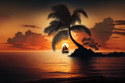 Romantic Sunset with Sailboat and Palm Trees AI Image