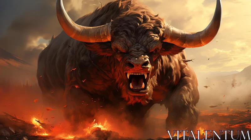 Bull in Fiery Landscape with Manticore - Animal Portraits AI Image