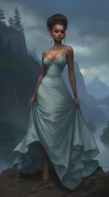 Captivating Woman in Blue Dress by River - Tattoo Inspired Art AI Image