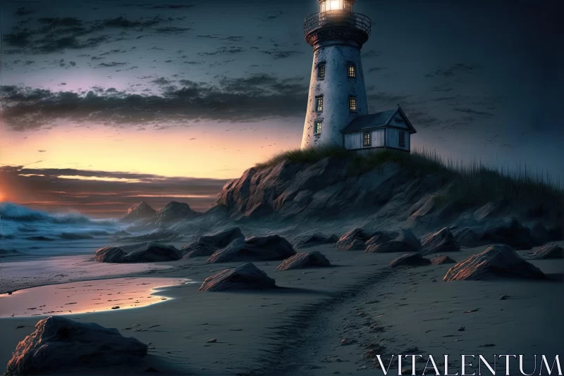 Lighthouse at Night: A Romantic Seascape AI Image