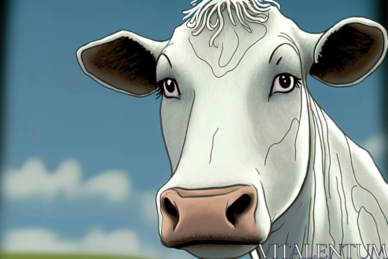 Animated White Cow in Field - Graphic Novel Realism Style AI Image