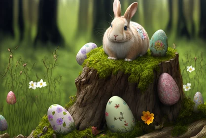 Dreamy Easter Bunny Scene with Eggs in Forest AI Image