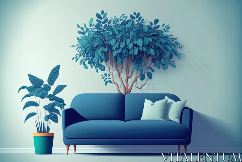 AI ART Minimalist Living Room with Blue Sofa and Nature Elements