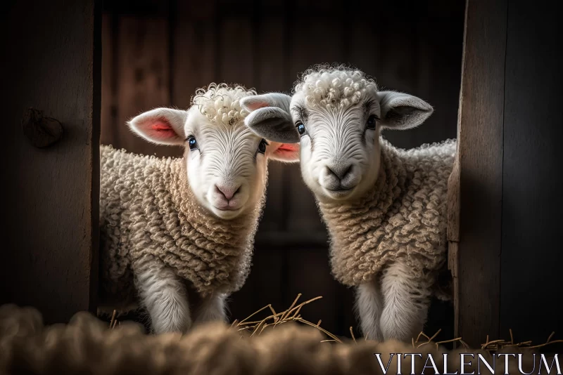 Photorealistic Portraiture of Two Sheep in a Barn AI Image