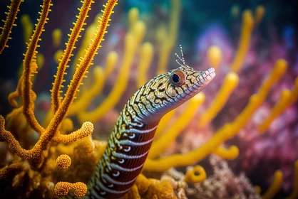 Small Eel Diving in Ocean Corals - An Exotic Marine Portraiture AI Image
