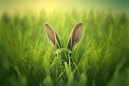 Green Rabbit Hidden in Grassy Field: A Nature-Inspired Surreal Image