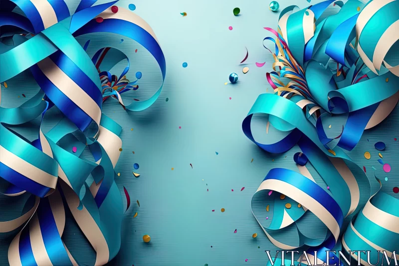 Joyful Celebration with Blue and Gold Ribbons - 3D Composition AI Image