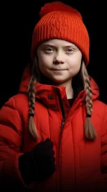 Luminous Portrait of  Greta Thunberg in Red Coat