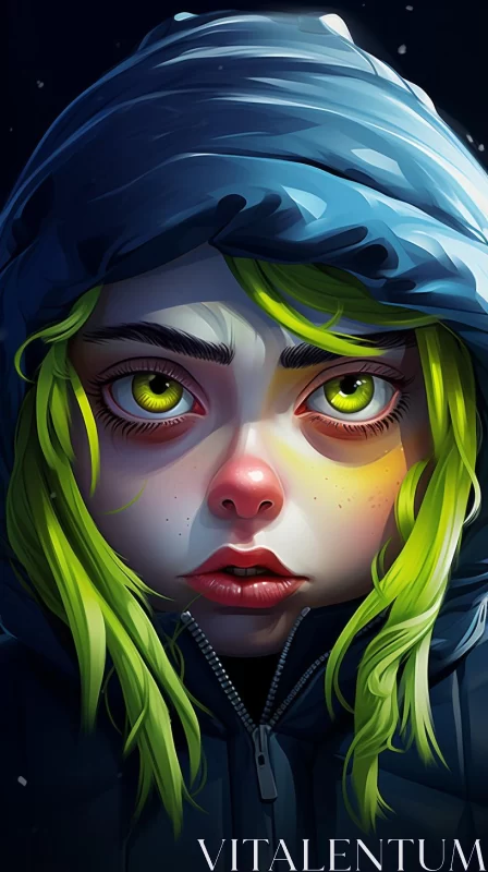 Neon Colored Gothic Cartoon of Woman in Winter Jacket AI Image