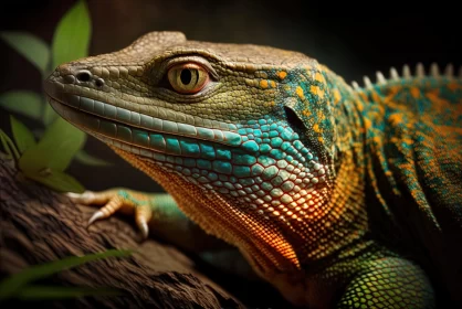 Photorealistic Portraiture of Tropical Lizard on Tree Branch AI Image