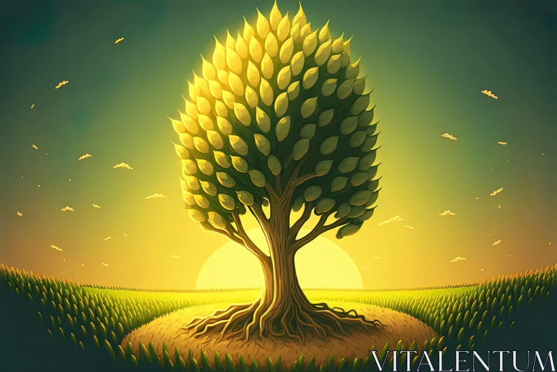 Surreal Illustration of a Yellow Tree at Sunset AI Image