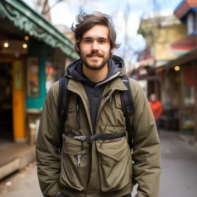 Travel-inspired Fashion: Man in Khaki Green Jacket AI Image