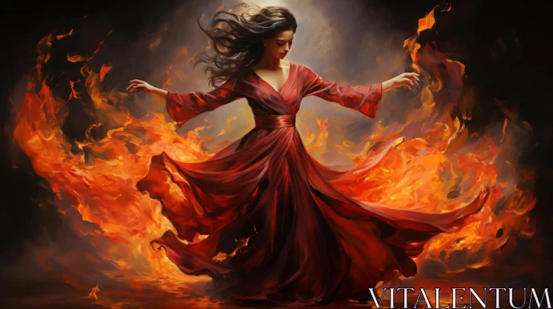 Art of Fire Spirit: Woman in Red Burning Dress AI Image