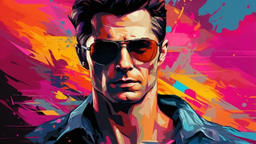 Colorful Portrayal of Man with Sunglasses and Cobra Motif