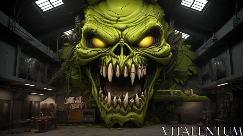 AI ART Green Monster Inside a Warehouse: A Surreal Art Piece