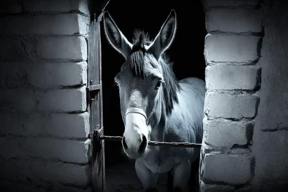 Monochrome Rural Life: Donkey at a Doorway
