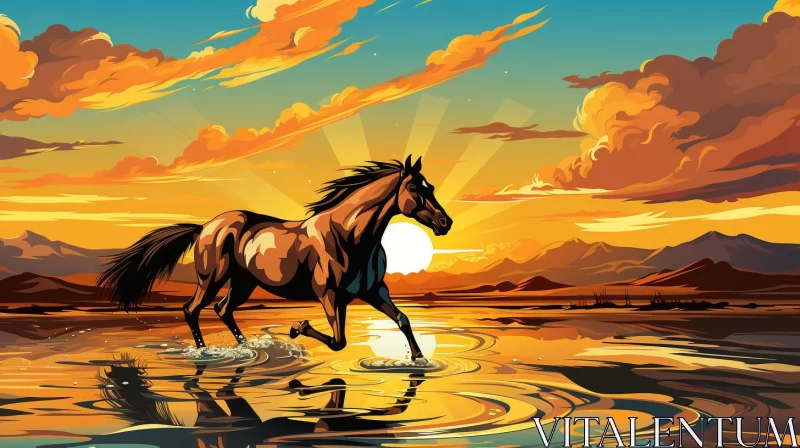 Pop Art Illustration of Horse in Water at Sunset AI Image