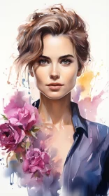 Watercolor Portrait of a Woman with Flowers - Fashion Illustration AI Image