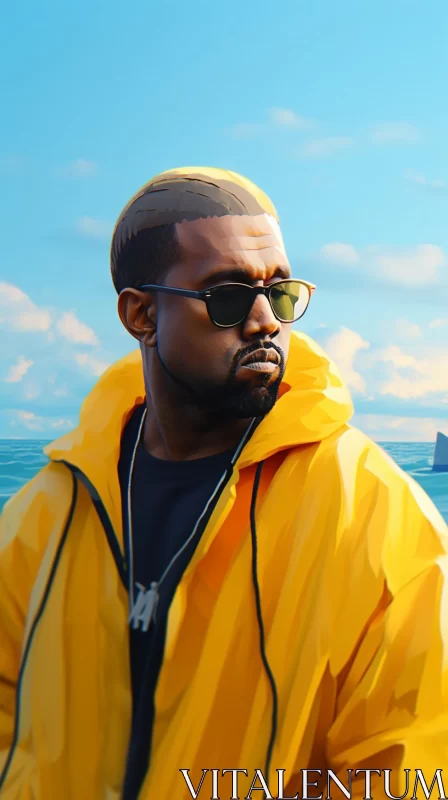 AI ART Kanye West in Yellow Jacket by the Ocean
