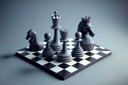 Monochrome Geometric Animal Chess Set in 3D Space AI Image