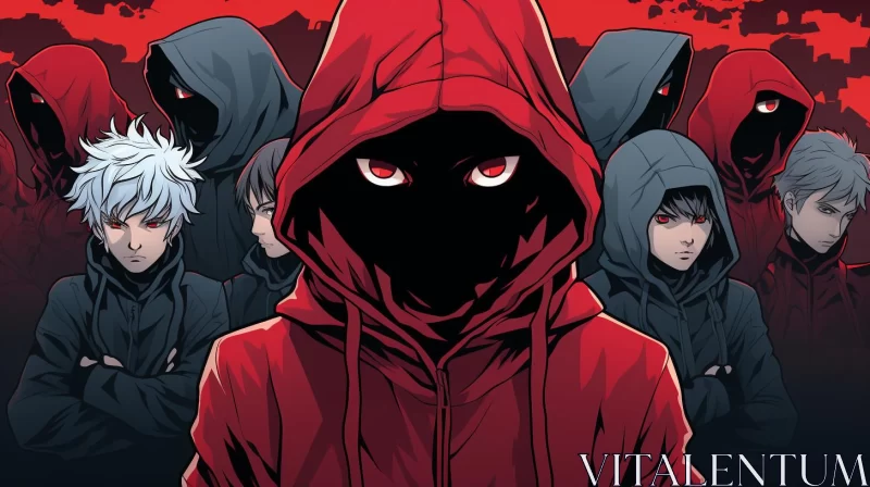Mysterious Anime Character and Red Hooded Figures AI Image