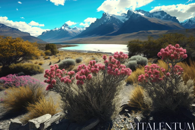 Pink Flower Graces in Mountainous Landscape AI Image