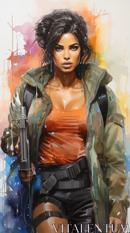 Realistic Painting of Woman with Gun in Utilitarian Amber Tones AI Image