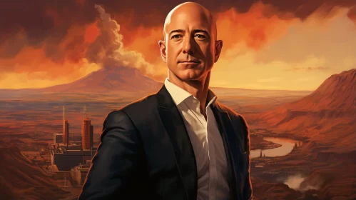 Volcanic Cityscape Portrait of Famous Businessman AI Image