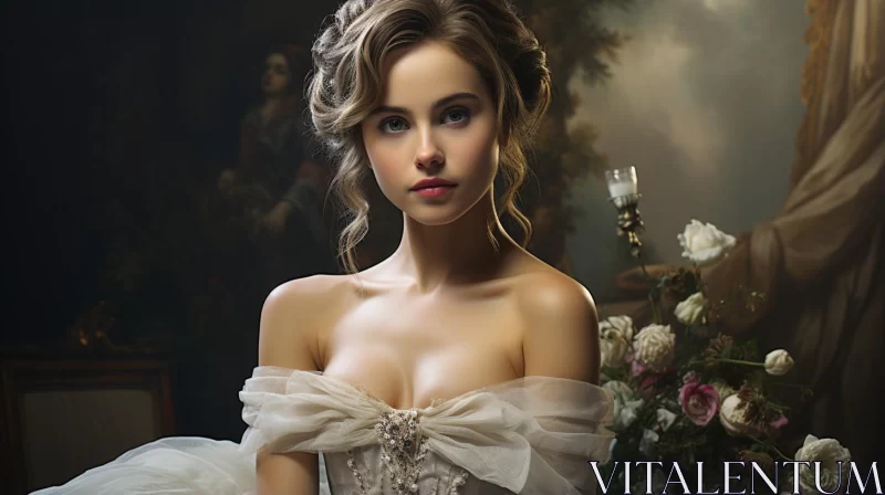Elegant Woman in White Dress Amidst Enchanting Rococo Realms AI Image